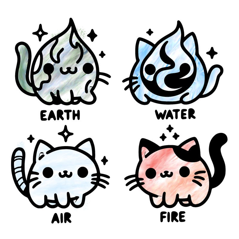 4 cats that represent the different elements, earth, water, air, and fire