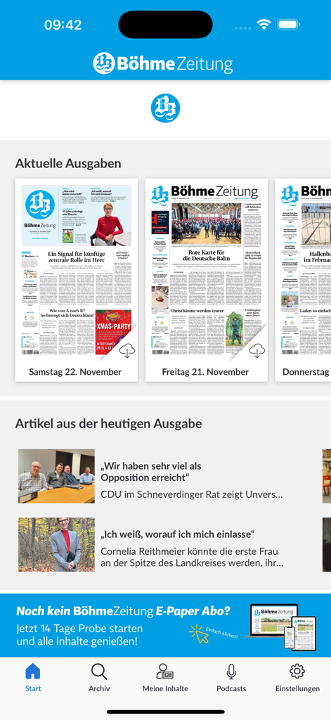 Böhme-Zeitung E-Paper - Home screen of the Boehme Zeitung E-Paper app showing current newspaper editions and local news articles
