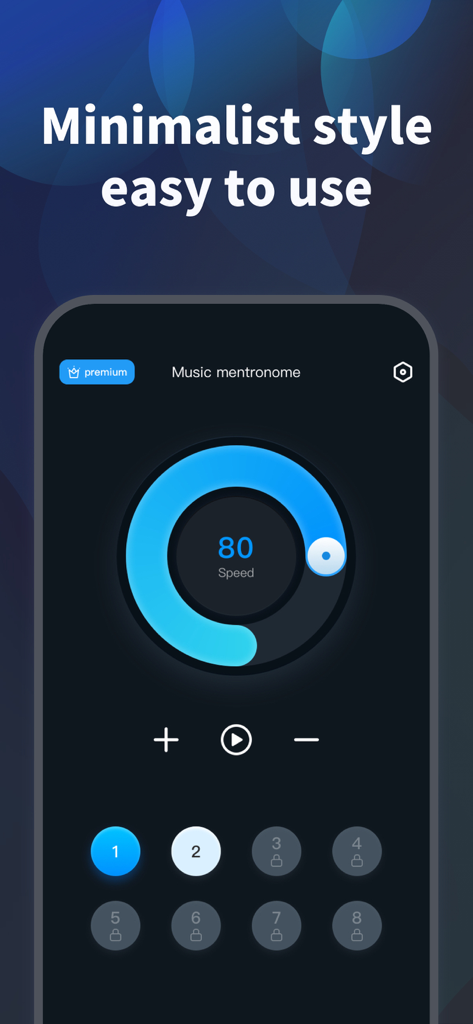 A minimalist metronome app interface showing a blue circular tempo dial set to 80 BPM.