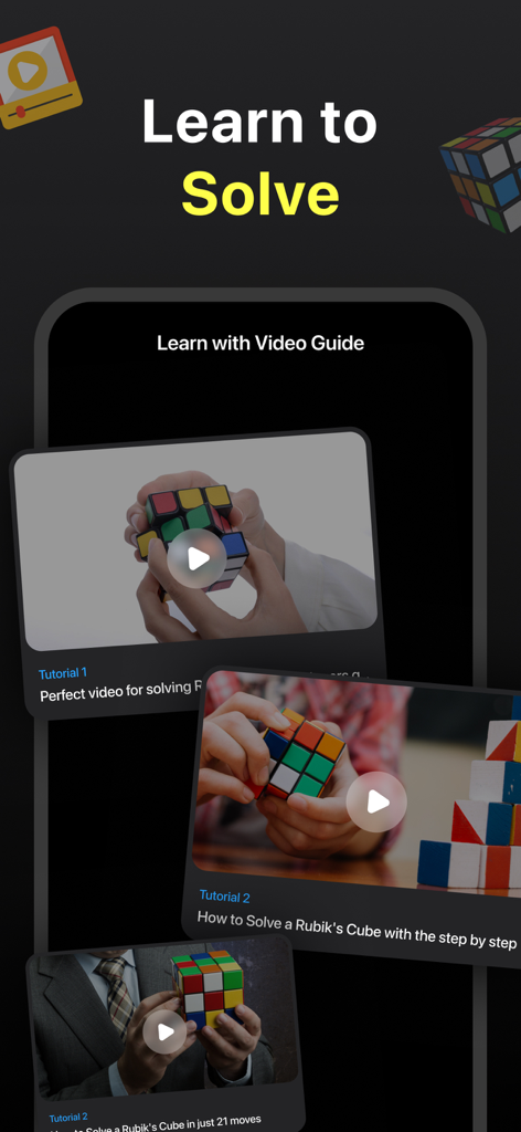 A screen from the SolveQ app displaying various Rubiks Cube video tutorials and learning guides.