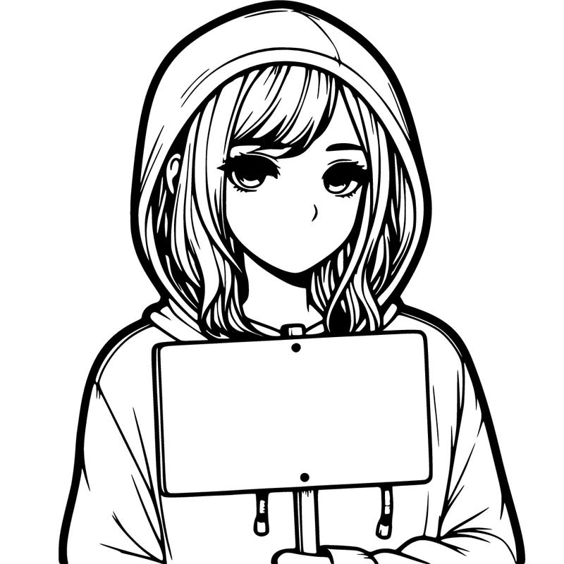 realistic girl with shoulder length hair wearing a hoodie holding a sign