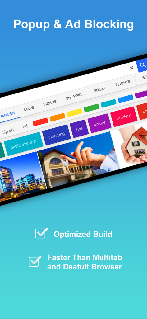 Snowbunny Private Web Browser highlighting ad blocking and optimized speed features.