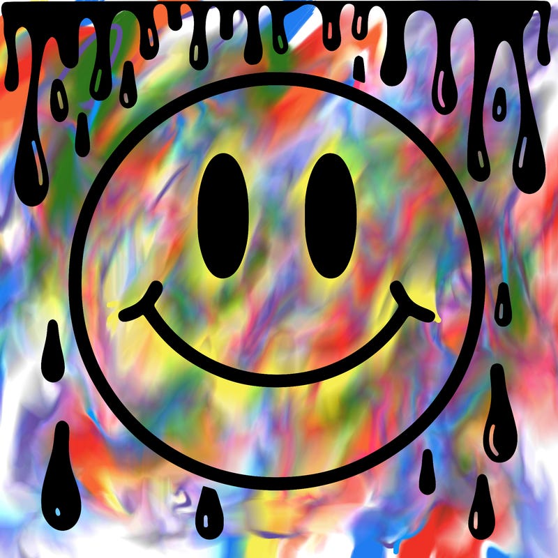 smiley face with drippy black and white background