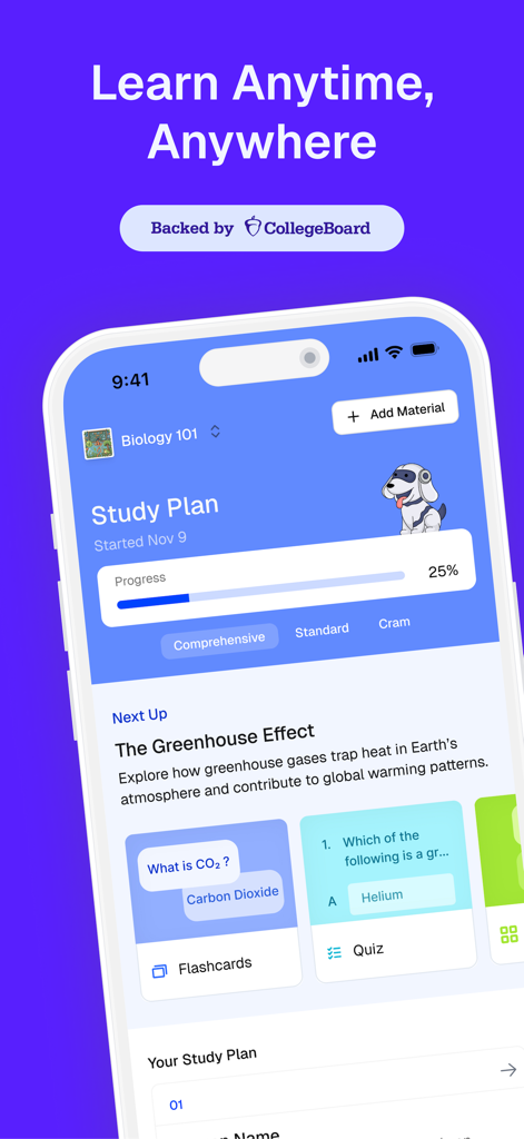 StudyFetch: Make Learning Easy - Interface do aplicativo StudyFetch mostrando um plano de estudo personalizado de Biologia 101 com flashcards de IA e acompanhamento de progresso.
