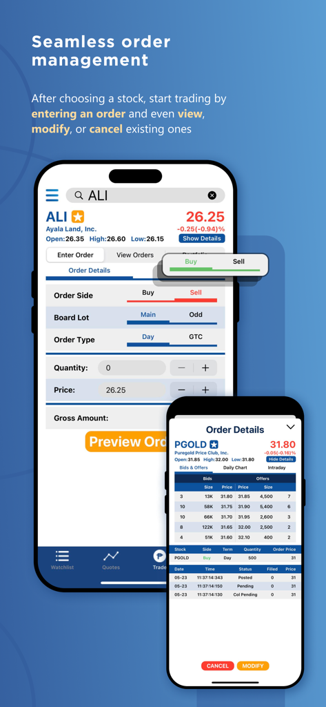 COL Mobile - COL Mobile app screens for entering and managing stock orders on the Philippine Stock Exchange.