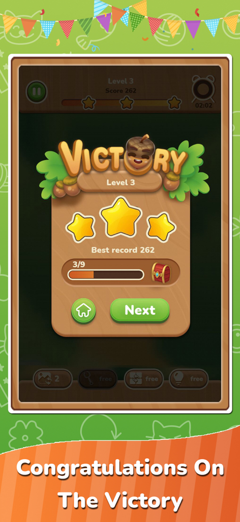Connect Master - Tile Matching - Victory screen for Level 3 in Connect Master Tile Matching game showing three stars and a next level button