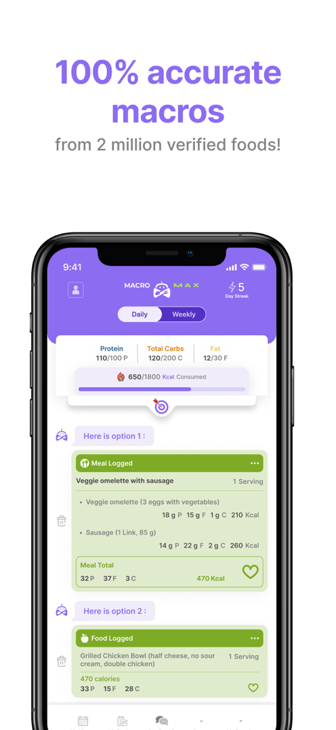 Macro Max: AI Macro Tracker - Macro Max 앱 인터페이스에 정확한 매크로 추적 및 검증된 식품 데이터베이스 표시