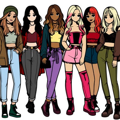 realistic group of girl friends wearing trendy outfits