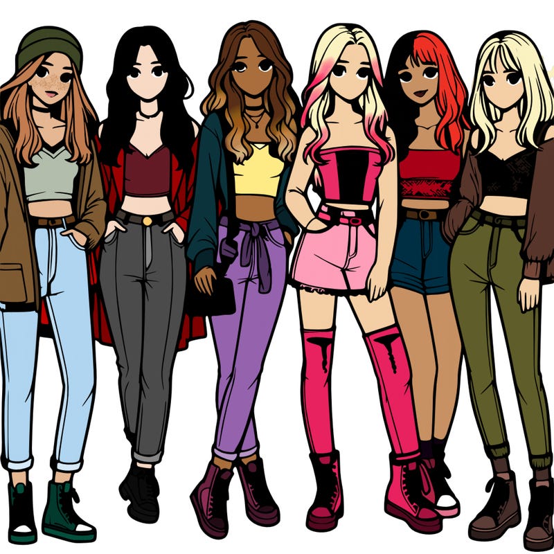 realistic group of girl friends wearing trendy outfits
