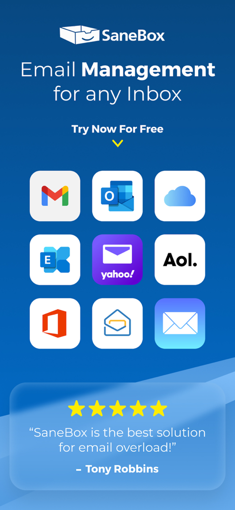 SaneBox email management for multiple email platforms featuring a five star review from Tony Robbins