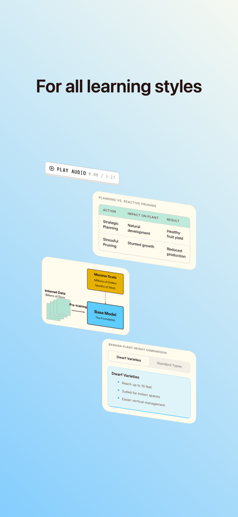Wondering - Learn Anything - Schermata dell'app Wondering che mostra vari formati di apprendimento come diagrammi, tabelle e un lettore audio per diversi stili di apprendimento