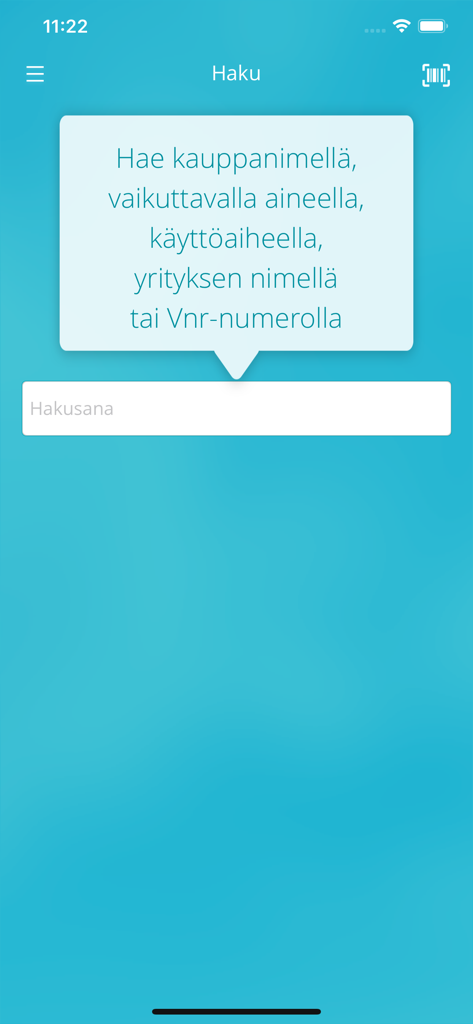 Search interface for the Pharmaca Fennica medical app showing search bar and barcode scan options