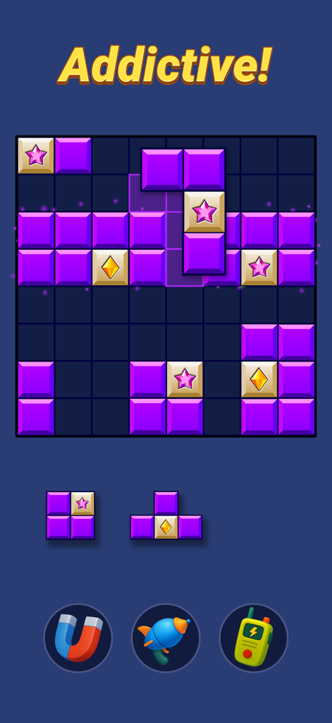 ブロックブレイカーパズルゲームのゲームプレイ画面。下部に3つのパワーアップアイコンが表示された、紫と金のブロックがある濃い青色のグリッド。