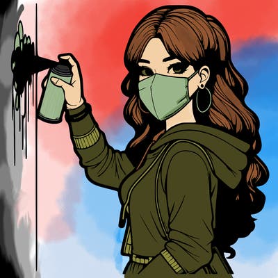 realistic girl with mask spray painting a wall