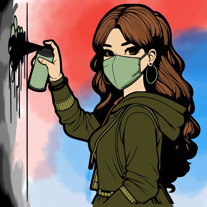 realistic girl with mask spray painting a wall