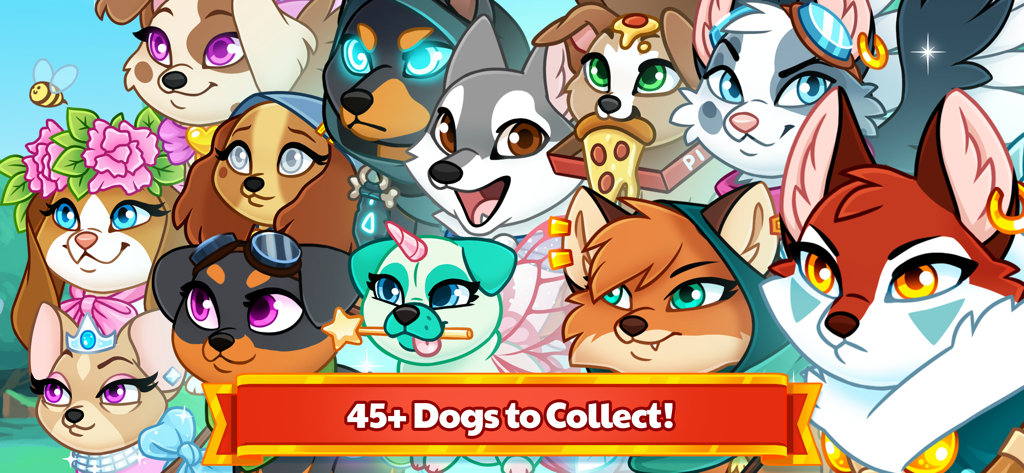 Dungeon Dogs - Idle Hero RPG - A group of diverse and colorful cartoon dog heroes from Dungeon Dogs with a banner reading 45 plus dogs to collect