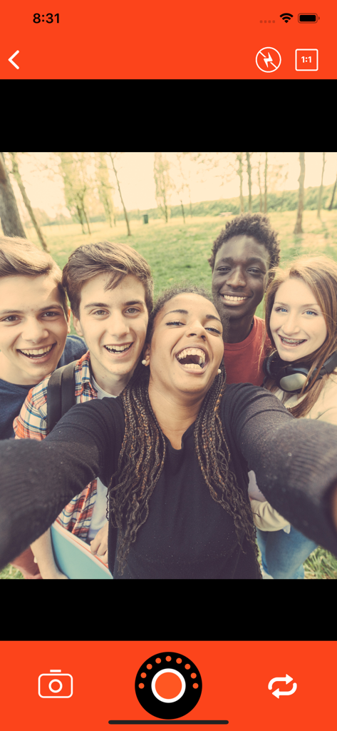 Interface of the Gif Me! Camera app showing five friends taking a selfie with a vintage filter