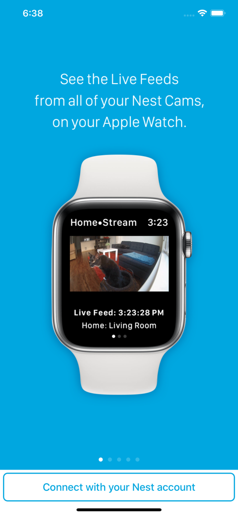 Un Apple Watch que muestra una transmisión de video en vivo de una cámara de seguridad Nest mostrando a un gato en una sala de estar