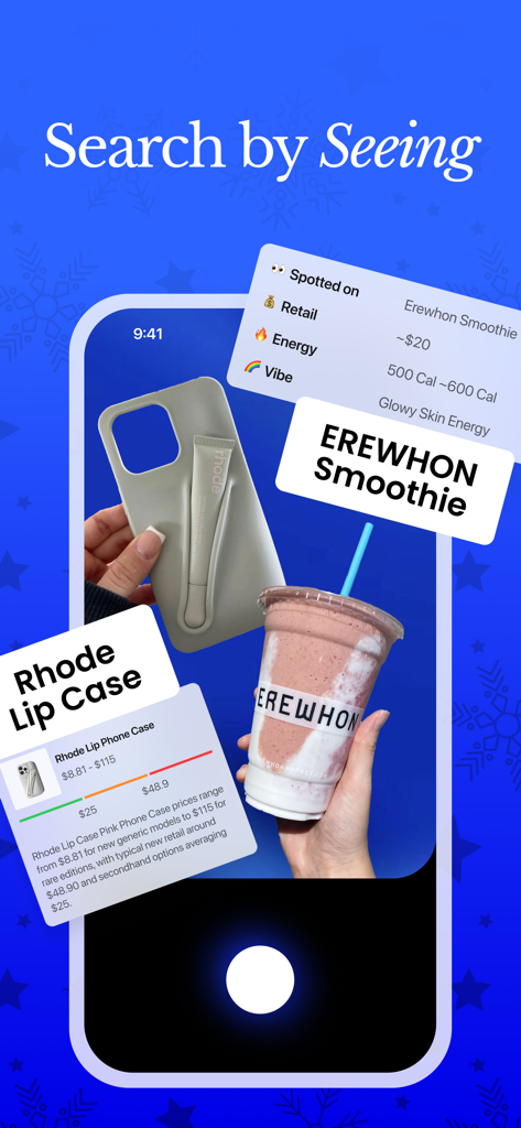 Chance AI - Visual Search - Mobile screen of Chance AI app identifying an Erewhon smoothie and a Rhode lip case through visual search