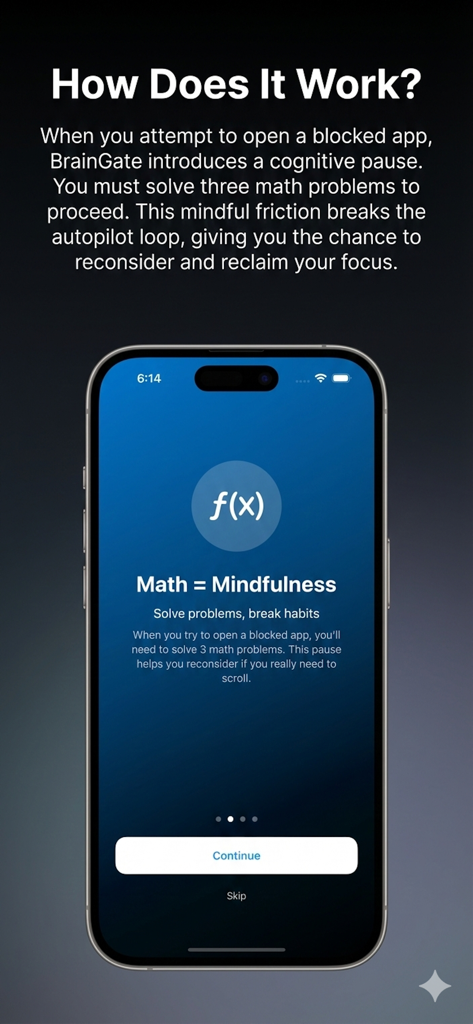 BrainGate: Focus Math Blocker - Pantalla de incorporación de la aplicación BrainGate que explica cómo resolver problemas matemáticos crea una pausa cognitiva para detener el desplazamiento sin rumbo y recuperar la concentración.