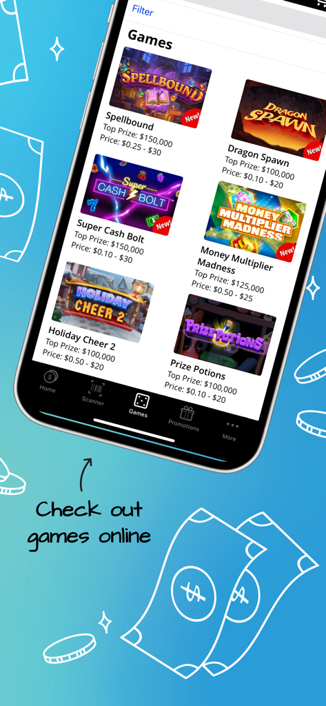 Michigan Lottery Mobile - Games selection screen on the Michigan Lottery Mobile app showing various digital instant games like Spellbound and Dragon Spawn.