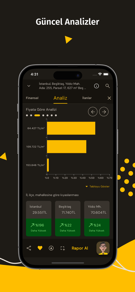 Interface de l'application Tapusor montrant l'analyse des prix de l'immobilier et des graphiques de données immobilières pour Istanbul Besiktas