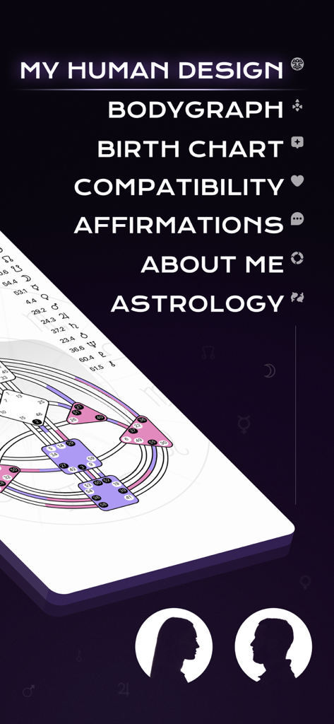 My Human Design App - SACRAL - Menú de la App SACRAL listando características como carta natal del bodygraph y compatibilidad astrológica