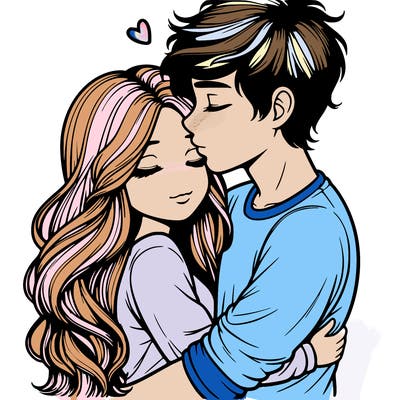 a realistic couple boy and girl hugging and kissing