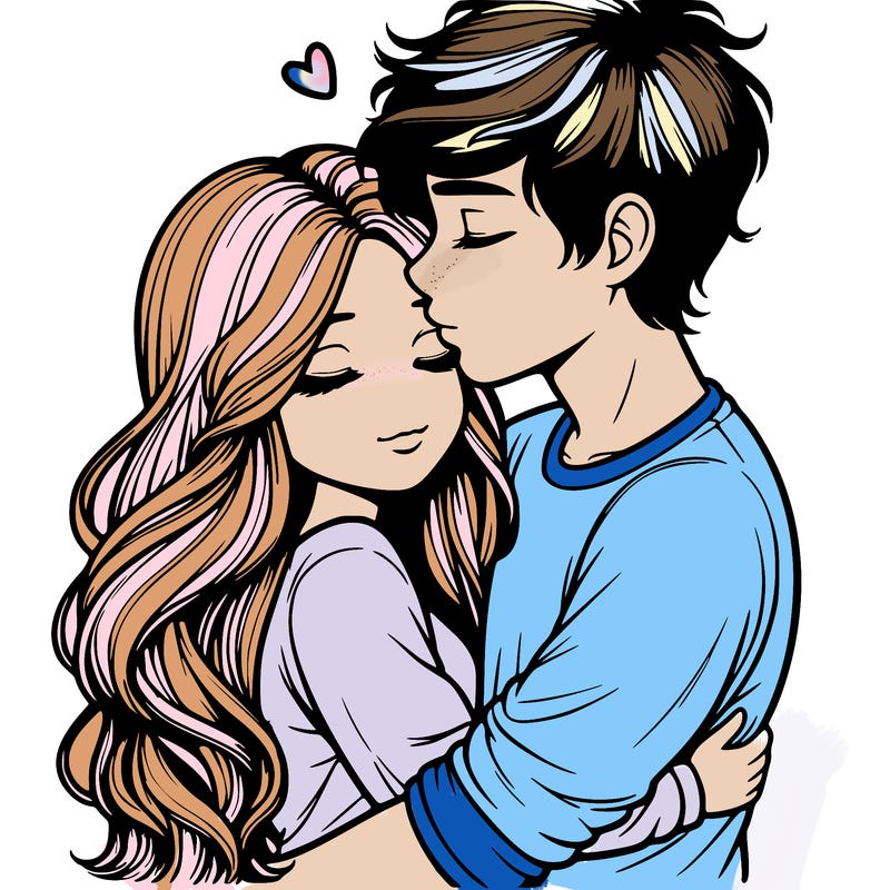 a realistic couple boy and girl hugging and kissing