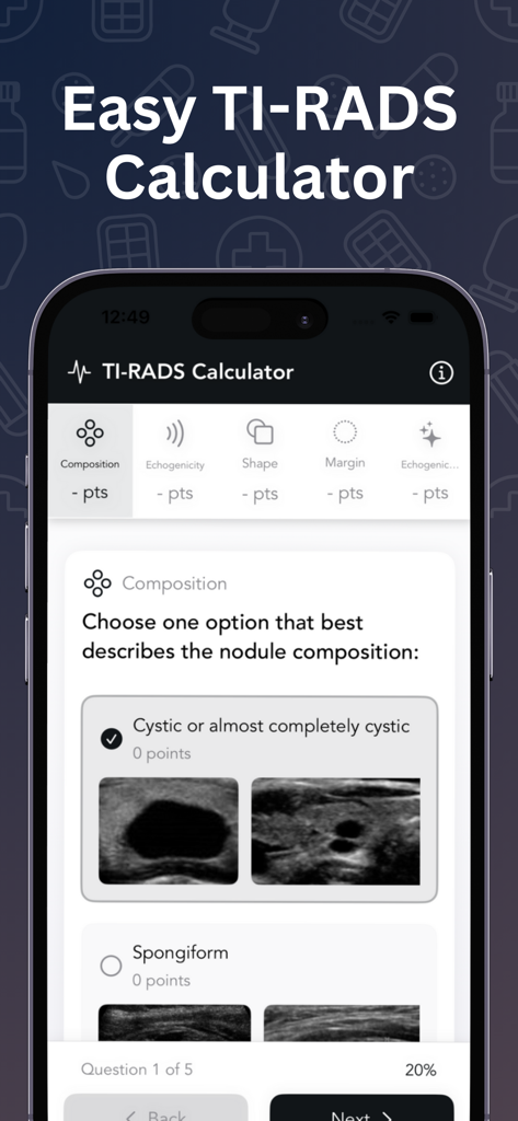Easy TI-RADS Calculator app screen for selecting thyroid nodule composition with ultrasound reference images