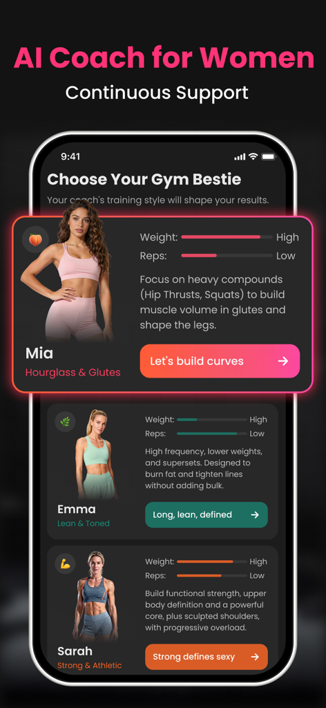 Gym Workout Planner | HerGym - Interface of the HerGym app showing different AI coach profiles for personalized womens workout plans