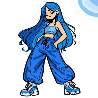 girl in baggy pants crop top and long hair