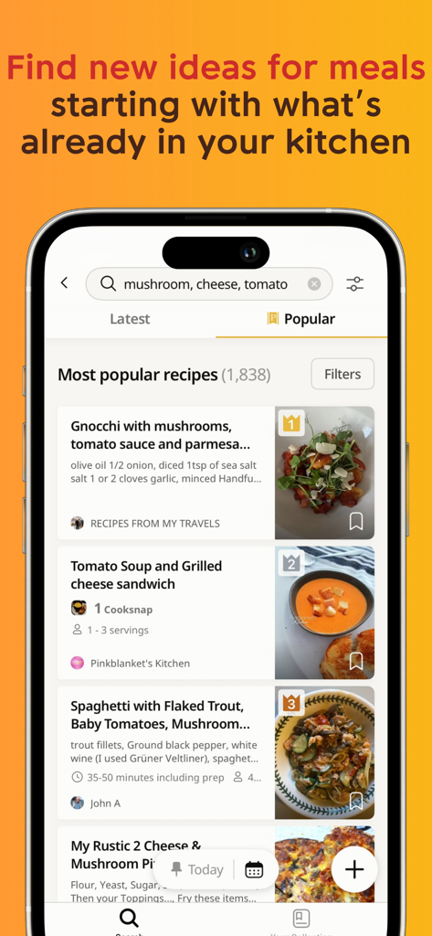 Cookpad Recipes, homemade food - L'application Cookpad affiche les résultats de recherche de recettes en fonction des ingrédients disponibles, comme les champignons, le fromage et la tomate.