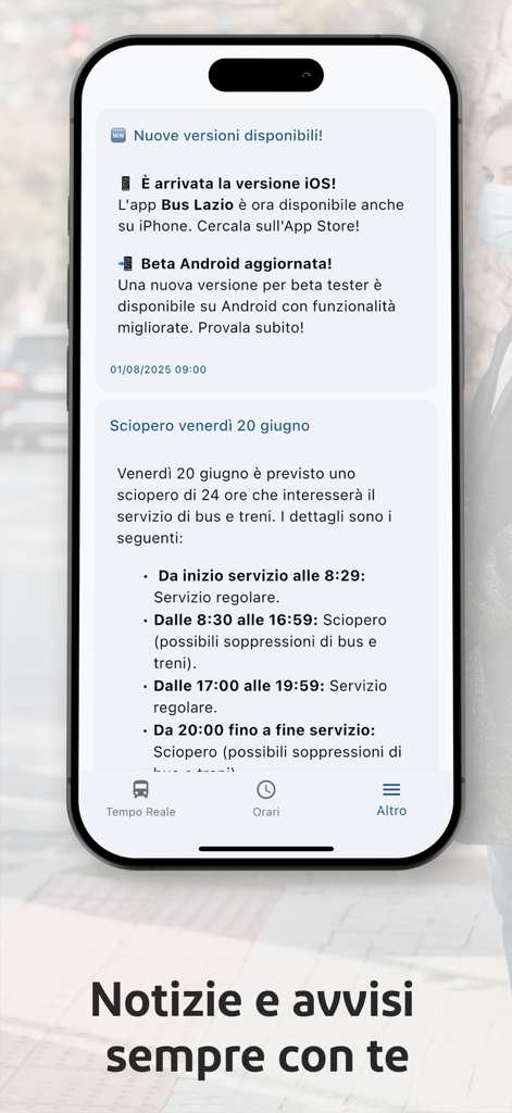 Bus Lazio - Orari Cotral - Sección de noticias y alertas de la aplicación móvil Bus Lazio que muestra un aviso de huelga de transporte y actualizaciones de versión.
