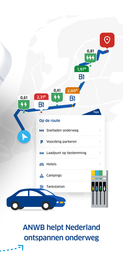 ANWB Onderweg & Wegenwacht - ANWB Onderweg app route planner displaying fuel prices and EV charging stations along a travel route on a map.
