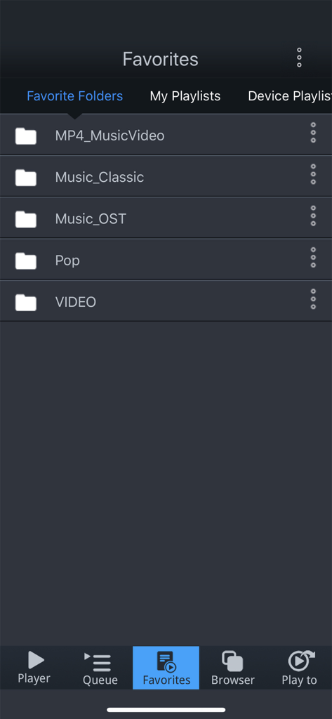 mconnect Player - mconnect Player app Favorites screen showing a list of organized music and video folders