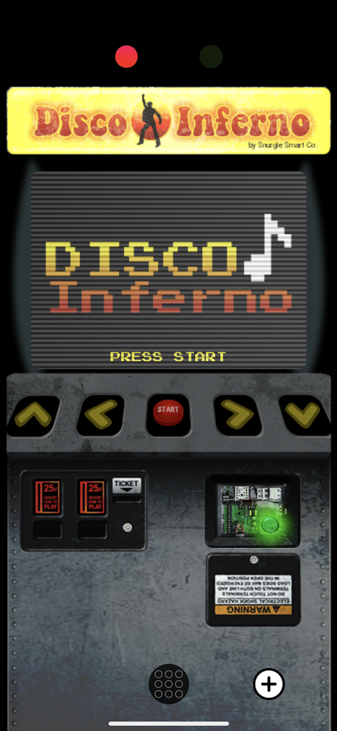Interfaz de máquina arcade retro con el juego Disco Inferno con texto de arte de píxeles y botones de control de estilo físico.
