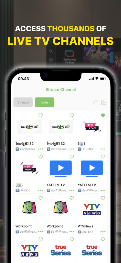 IPTV Player: Live On TV & M3U - Interface do aplicativo IPTV Player mostrando uma lista de canais de TV ao vivo disponíveis para streaming