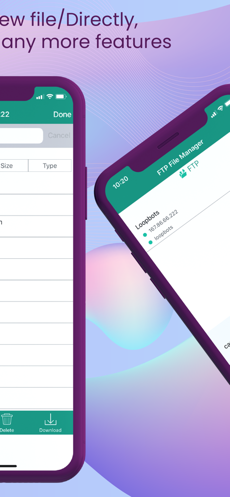 Captura de tela mostrando a lista de servidores e a interface do gerenciador de arquivos do aplicativo Cliente FTP em dois iPhones