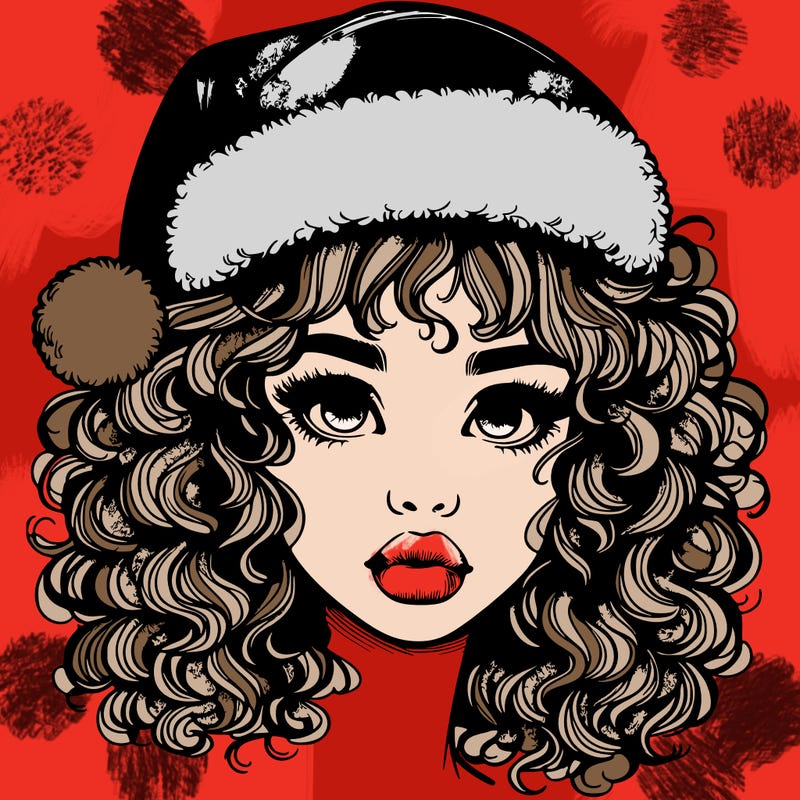 realistic girl with a santa hat curly hair and lips