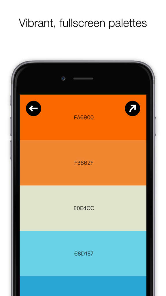 Colordot by Hailpixel - A color picker for humans - Colordot app interface showing a multi-color palette with hex codes on an iPhone