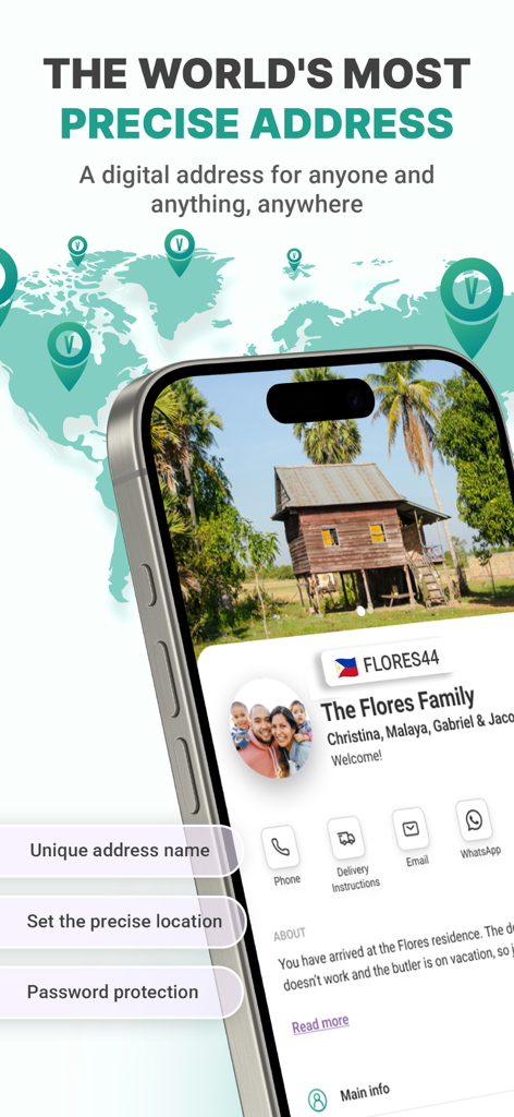 VayaPin - VayaPin app interface showing a digital address profile for a family with contact buttons and location features against a world map background