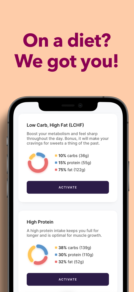 Captura de pantalla de la aplicación Cals que muestra planes de dieta personalizables como Baja en Carbohidratos y Alta en Proteínas con gráficos de desglose de macros.