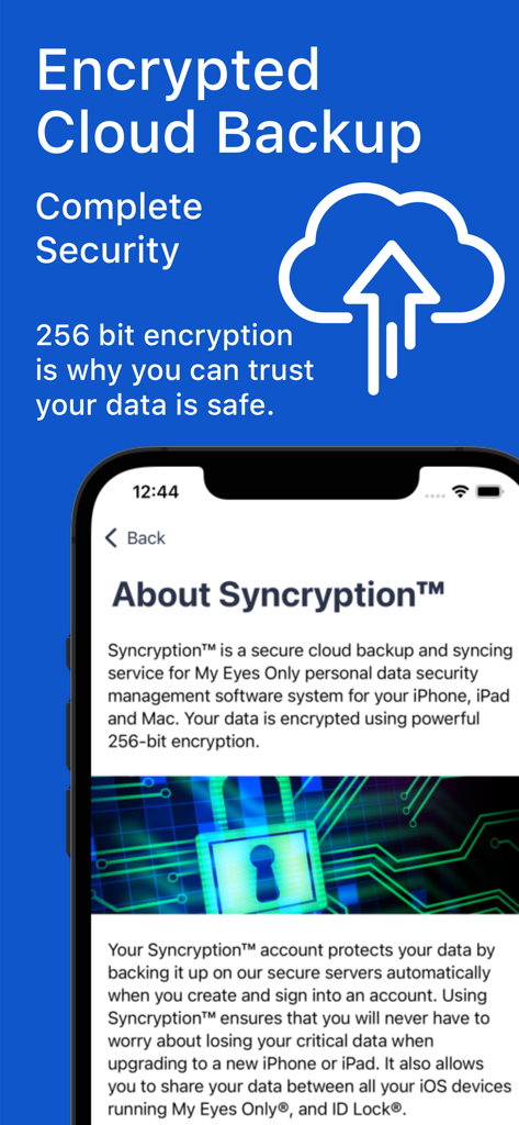 My Eyes Only Password Manager - My Eyes Only app interface explaining its 256-bit encrypted cloud backup and security features.