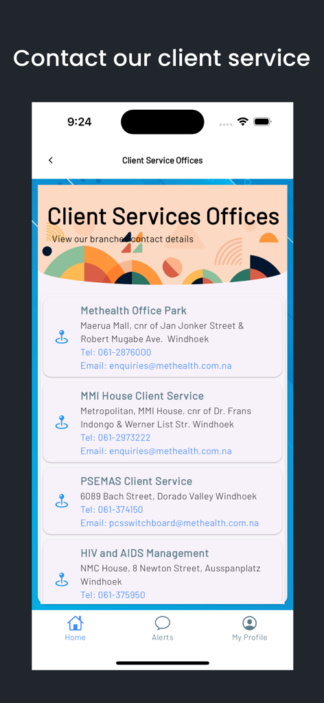 Namibia Medical Care app screen listing client service office locations and contact information