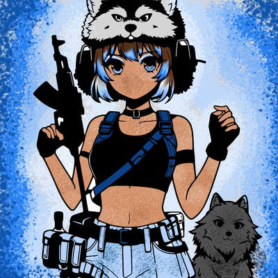 anime girl with crop top and gun with a wolf ushanka