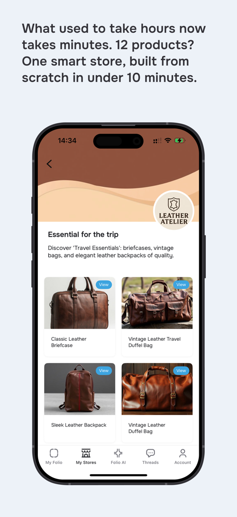 Folio AI - Folio AI app interface showing a leather goods digital catalog with products like briefcases and backpacks.