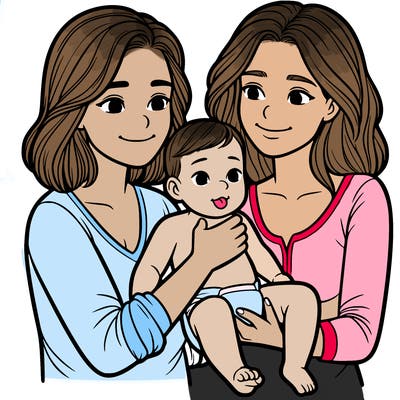 two realistic women holding one baby together