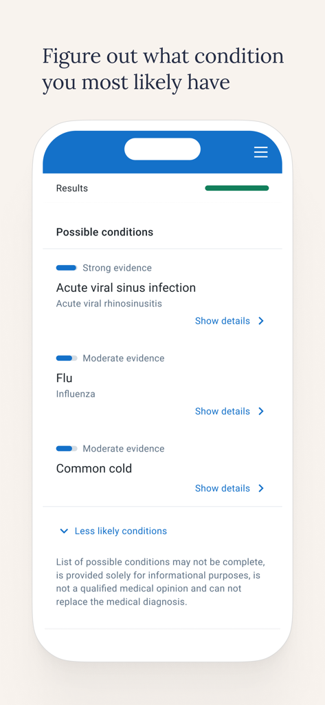 Pantalla de resultados de la aplicación Symptomate que muestra posibles condiciones médicas con niveles de evidencia