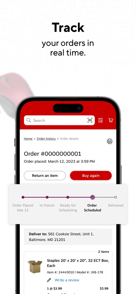 Pantalla de seguimiento de pedidos en tiempo real de la app móvil de Staples con barra de estado de entrega
